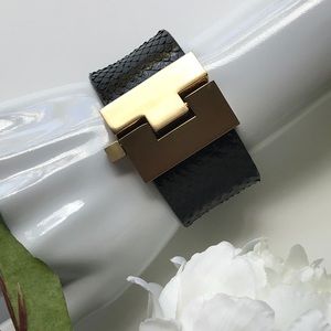 Leighelena Black Leather Bracelet with Jigsaw Gold Accent